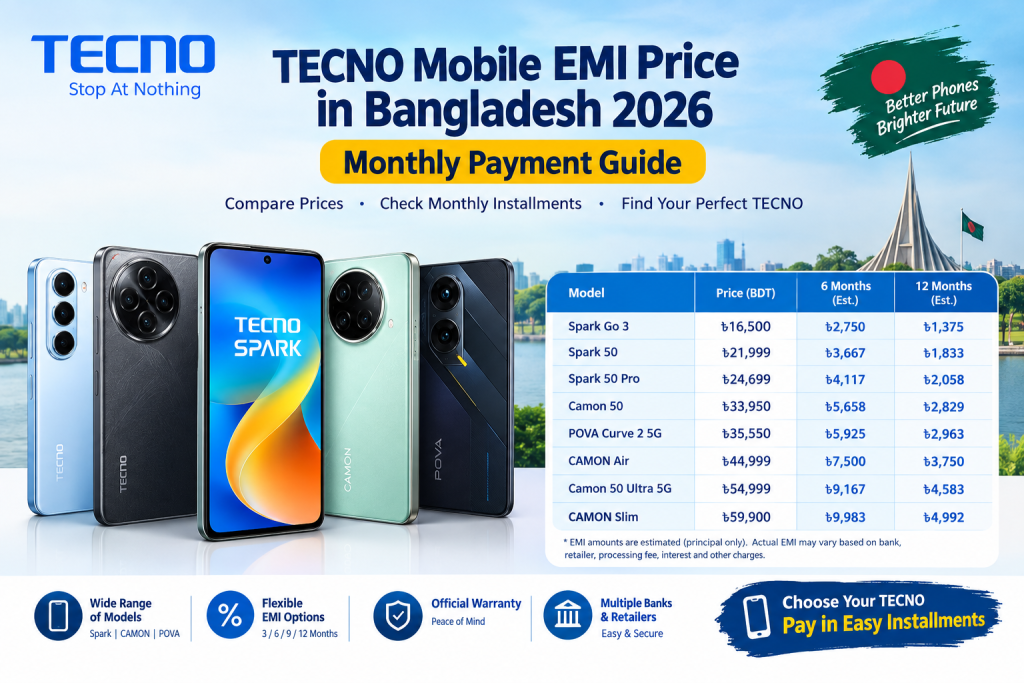 TECNO EMI price in Bangladesh 2026 with monthly installment comparison