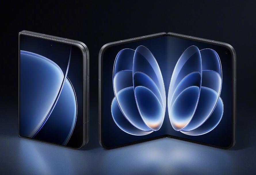 Concept illustration of a wide book-style foldable phone shown open and closed