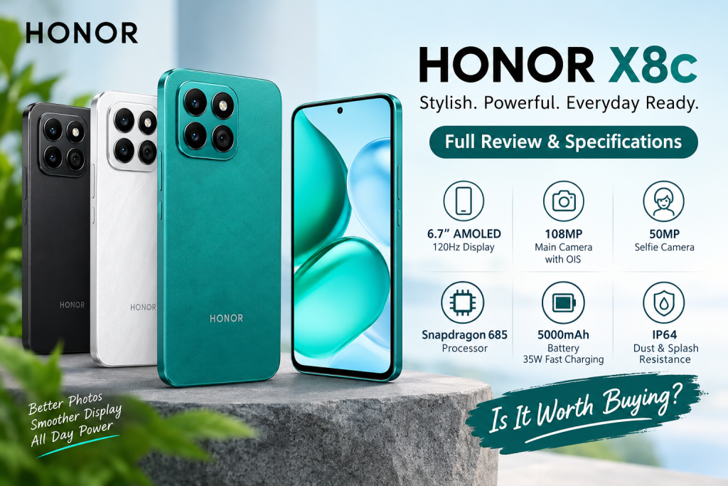 HONOR X8c smartphone showing its slim design and rear camera system