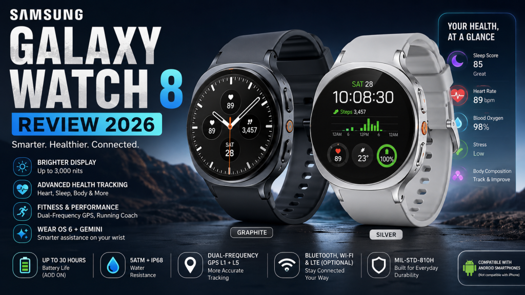 Samsung Galaxy Watch 8 smartwatch showing its display, health tracking features, and modern cushion-shaped design.