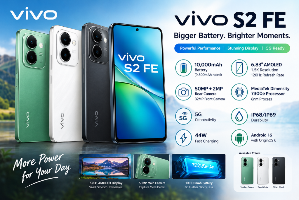 Vivo S2 FE smartphone with 10,000mAh battery, AMOLED display, and 50MP camera.